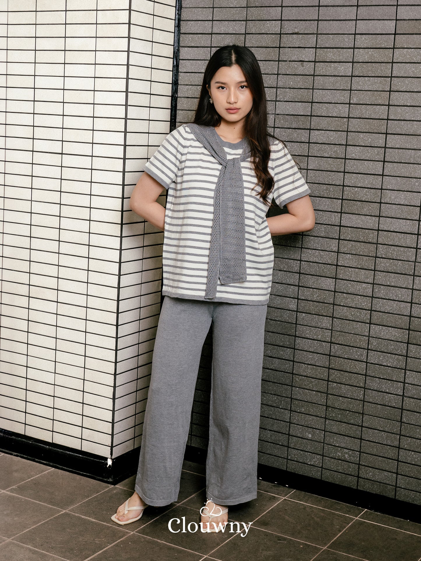 Crystal Scarf Knit Set - Grey