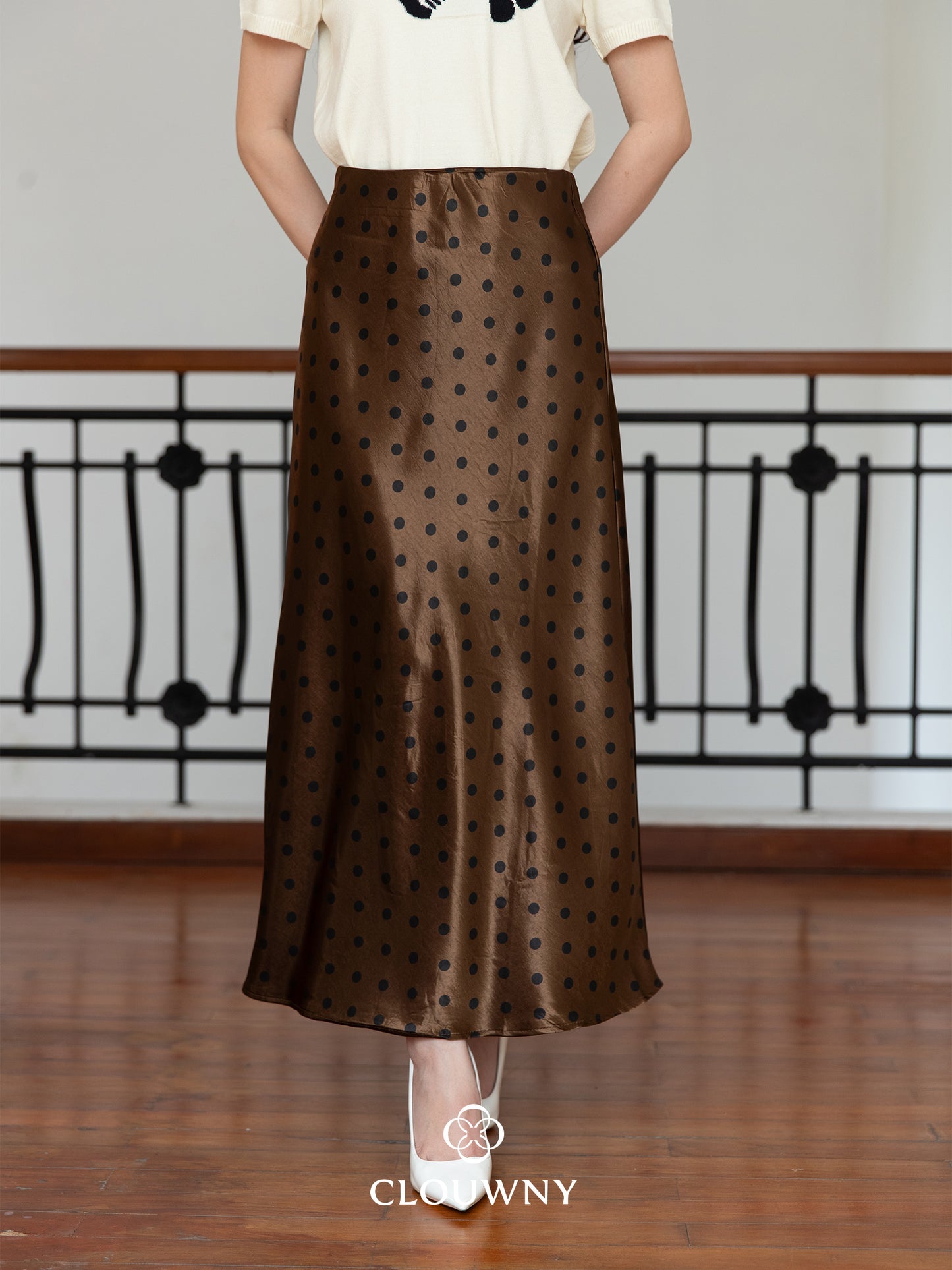 Polka Silk Flare Skirt - Coffee