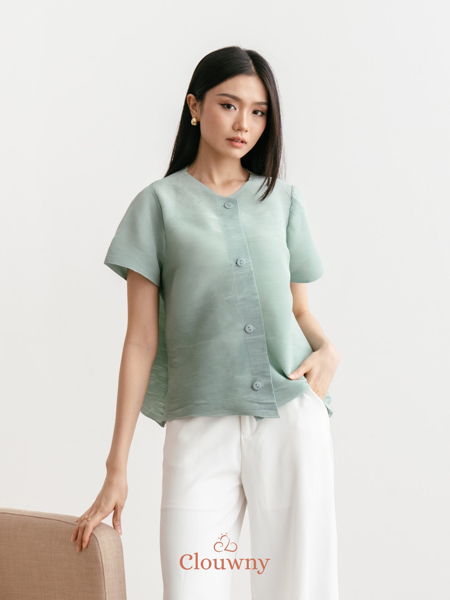 Arya Basic Pleats Top - Sage Green