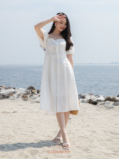 Alexia Square Button Dress - Broken White
