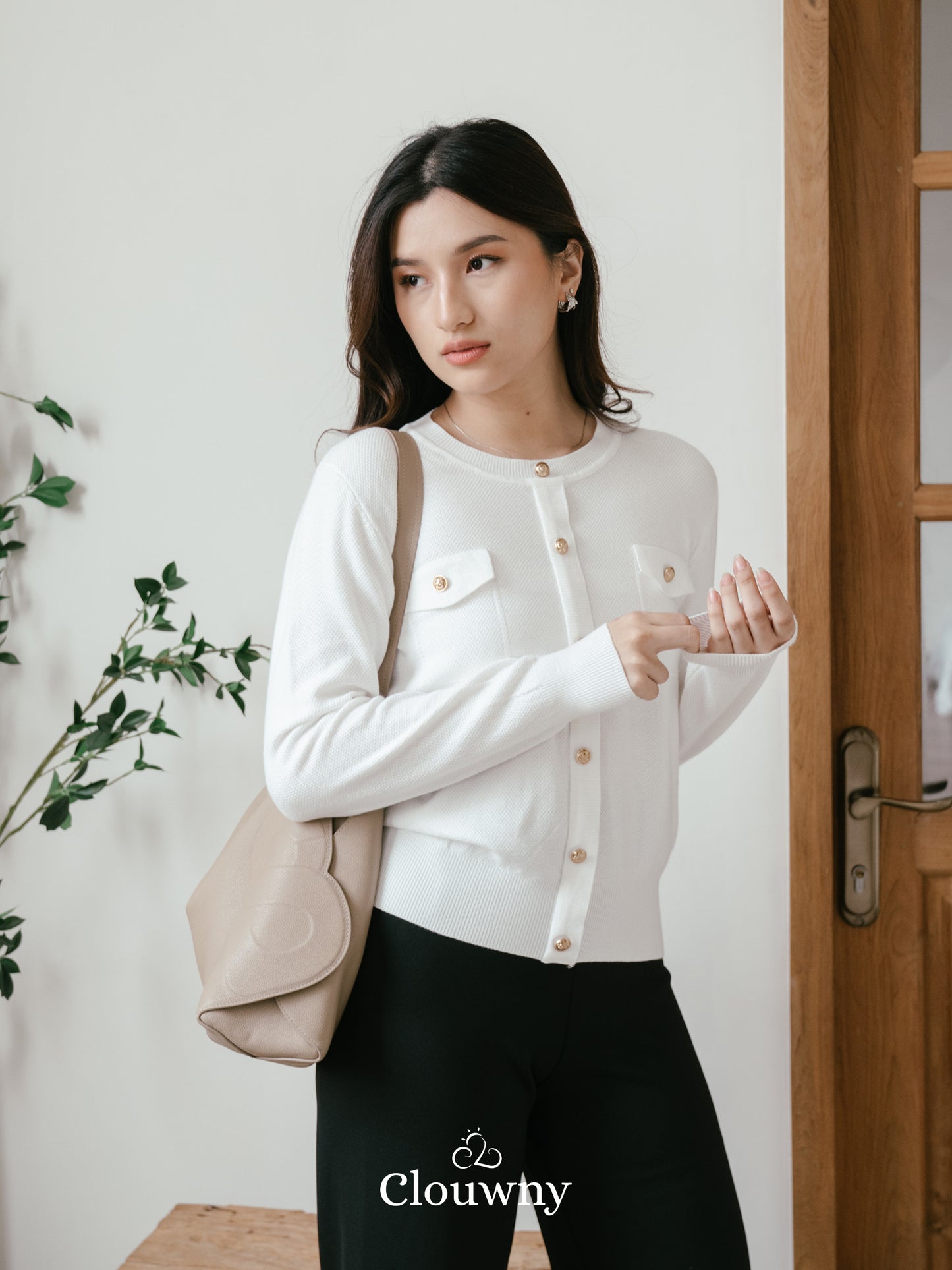 Pomp Button Top - White