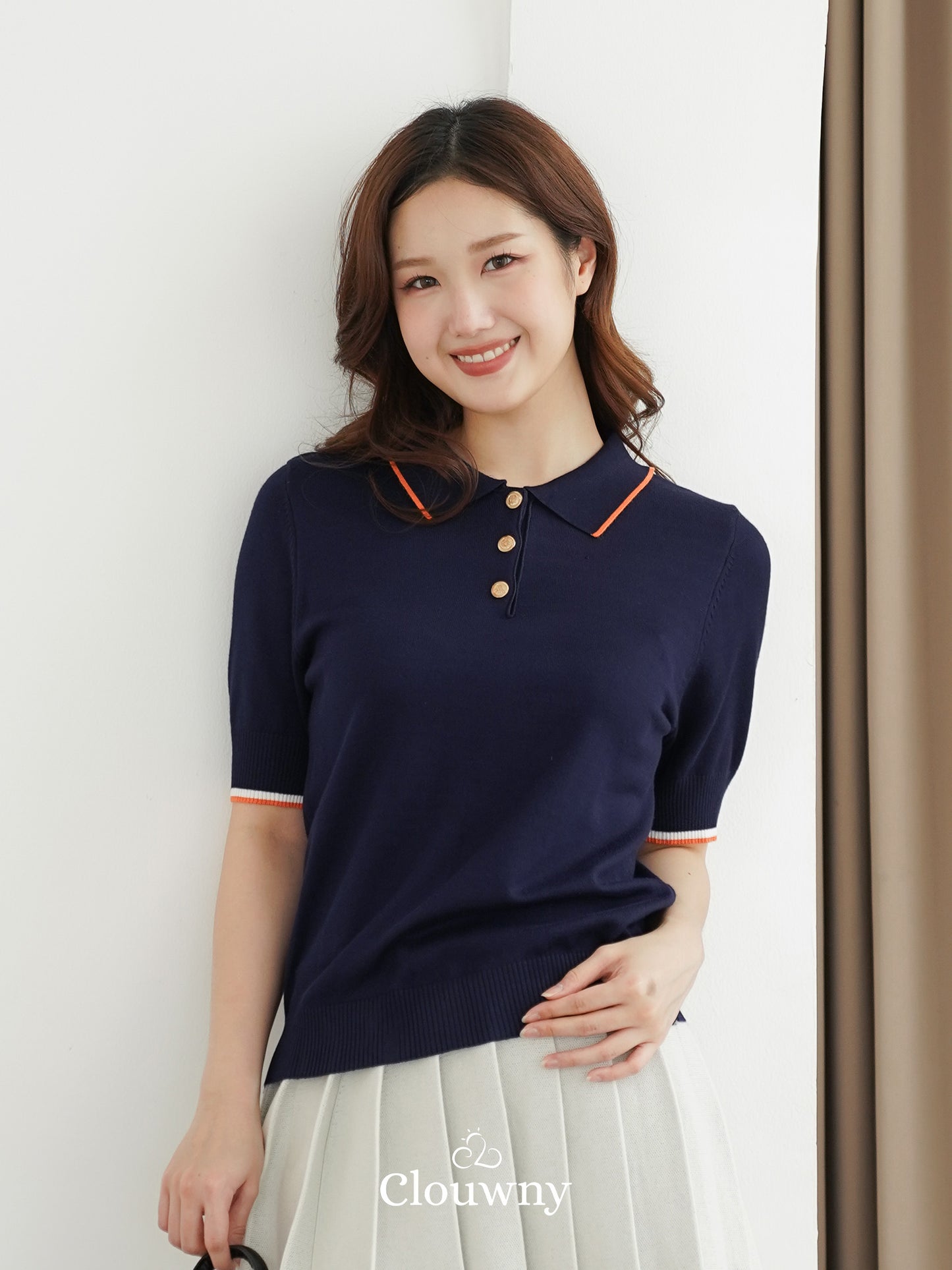 Domitia Polo Knit Top - Navy