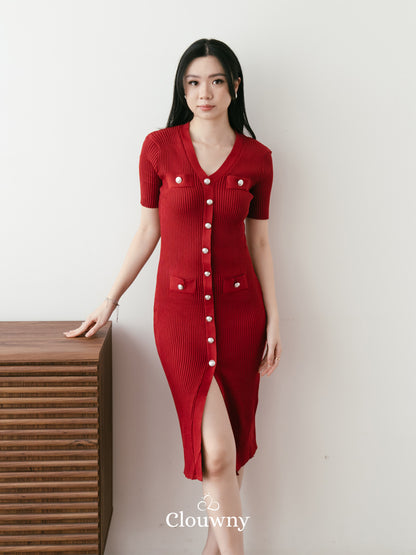 Edmond Button Dress - Maroon