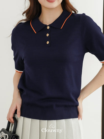 Domitia Polo Knit Top - Navy