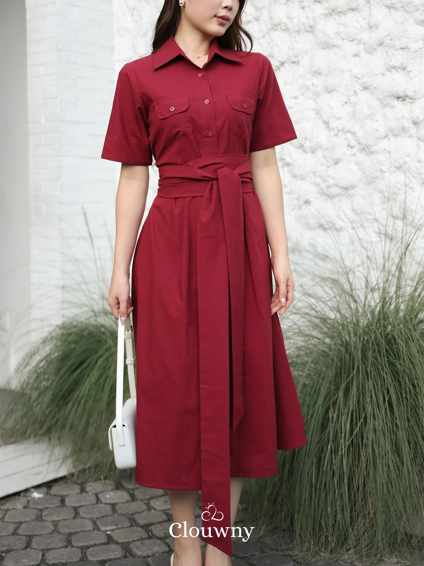Standford Button Dress - Maroon