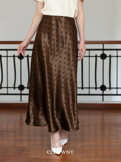 Polka Silk Flare Skirt - Coffee