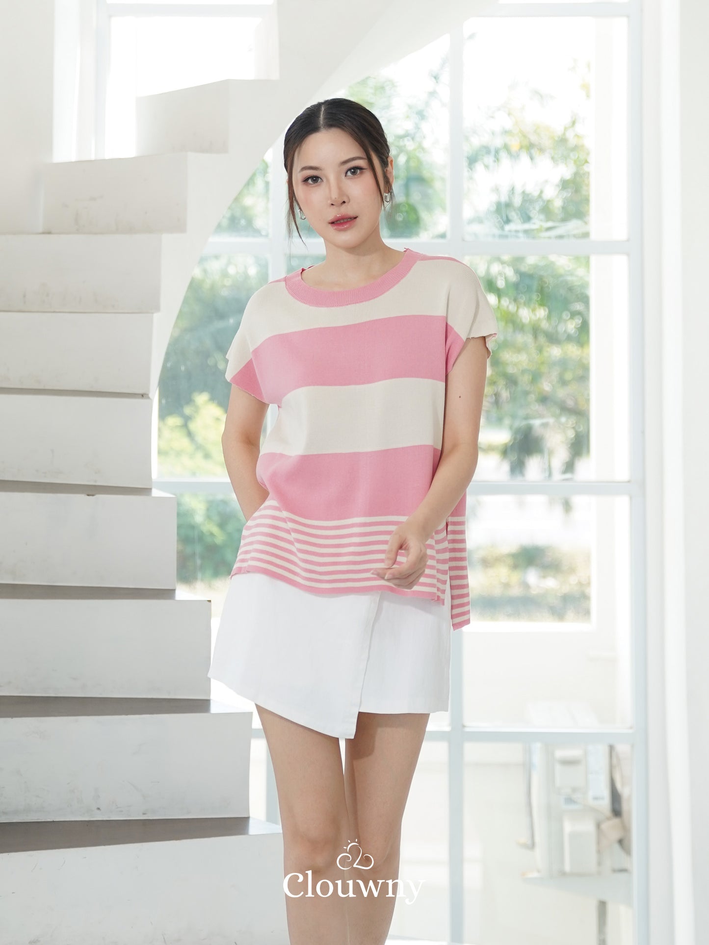 Atasan Rajutan Cortes Stripes - Merah Muda