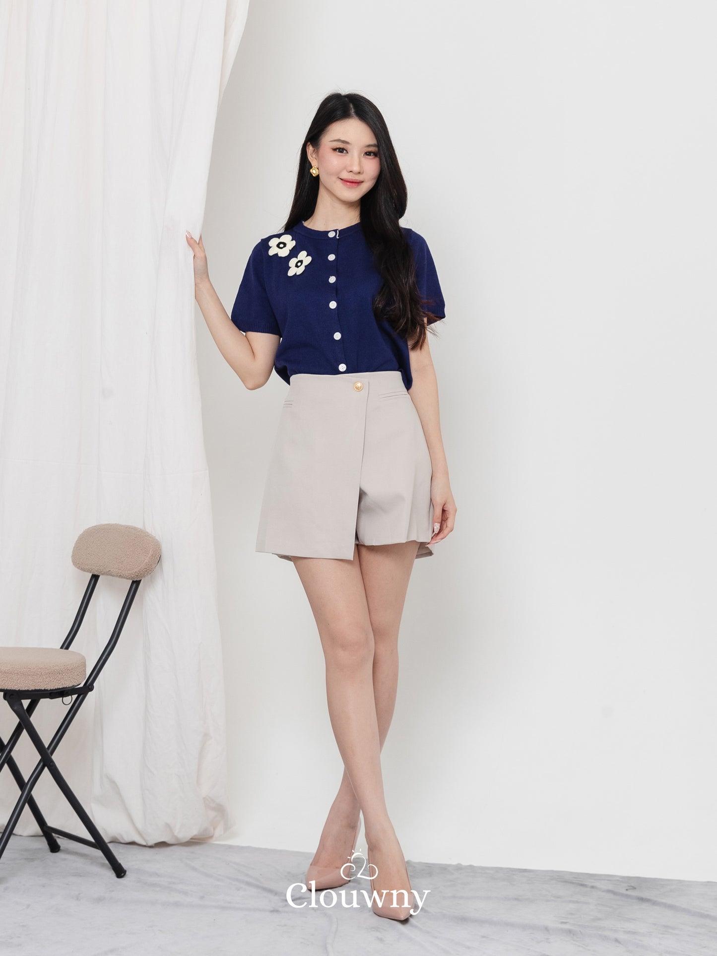 Alen Flower Knit Top - Navy