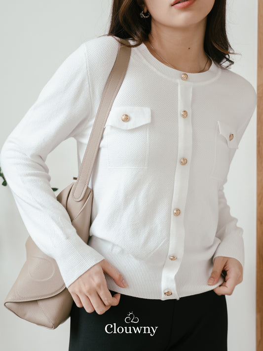 Pomp Button Top - White