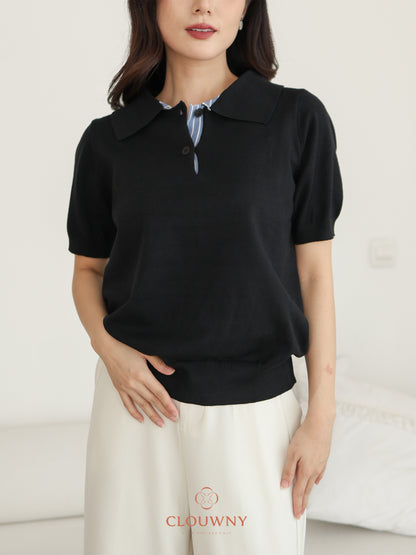 Hervia Double Button Knit Top - Black