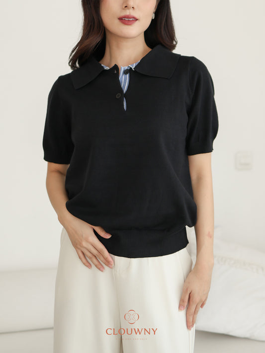 Hervia Double Button Knit Top - Black