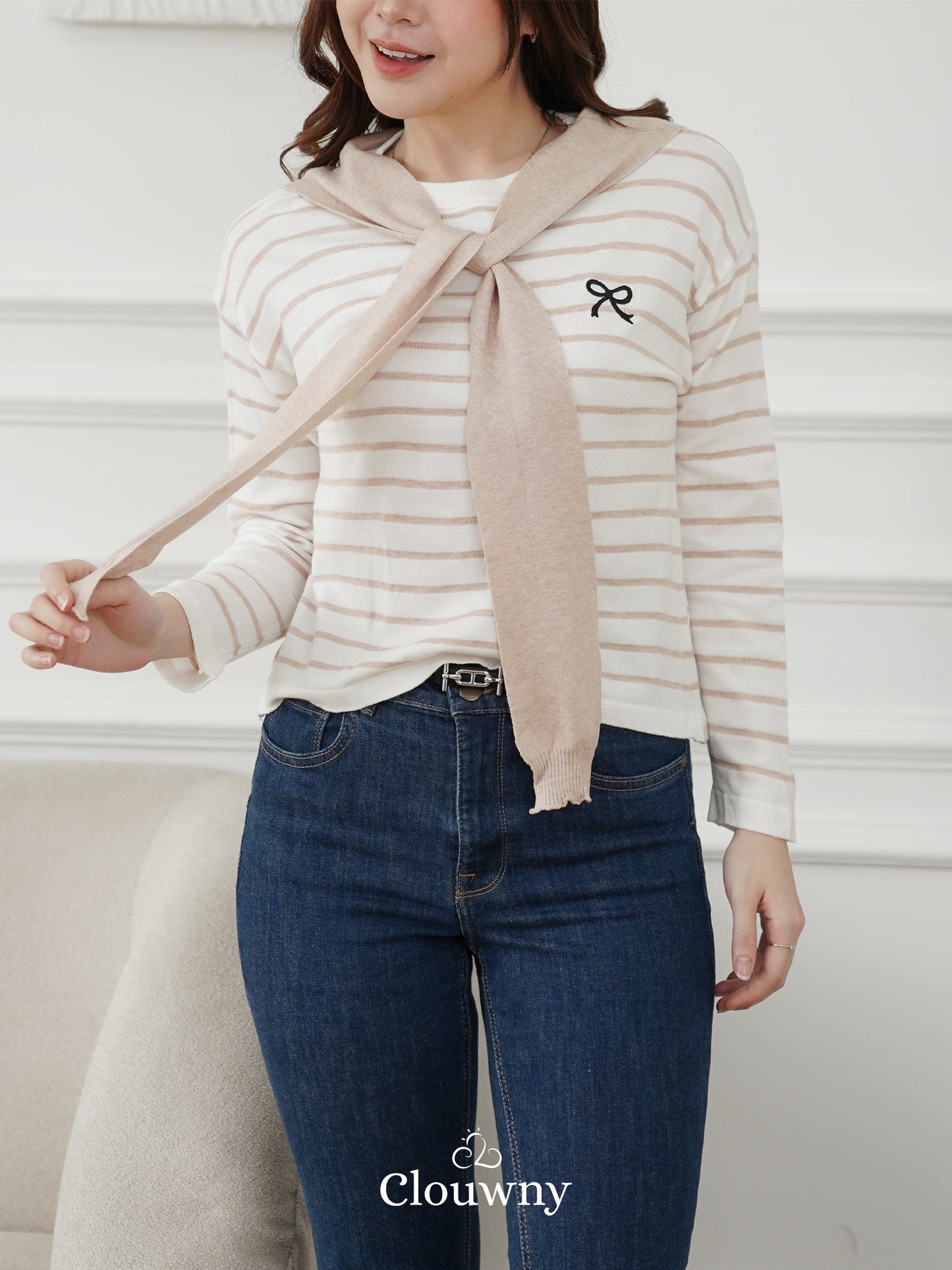 Genevi Scarf Stripes Top - Khaki