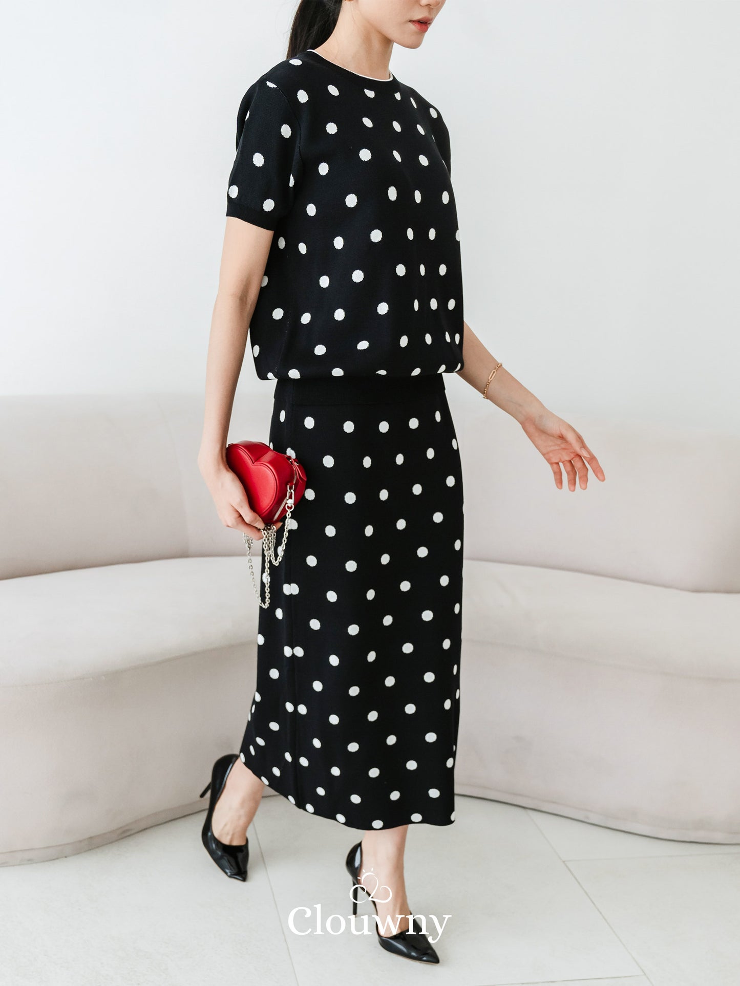 Moir Dot Knit Set - Black