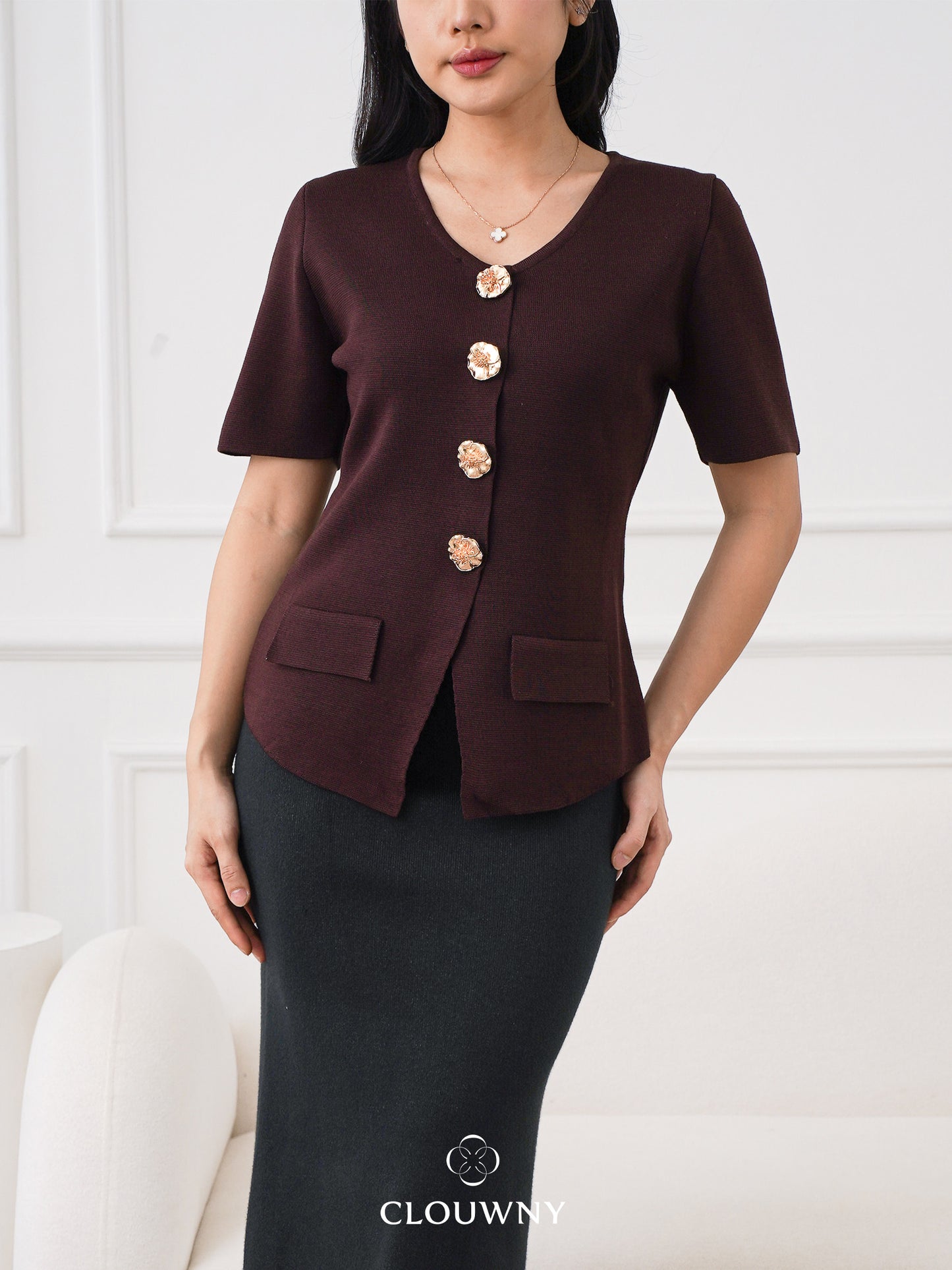 Valencia Peplum Button Top - Coffee