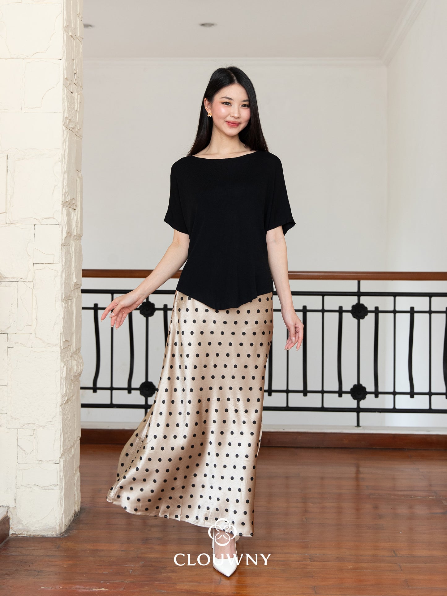 Polka Silk Flare Skirt - Mocca