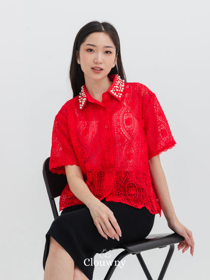 Chiro Pearl Lace Blouse - Red