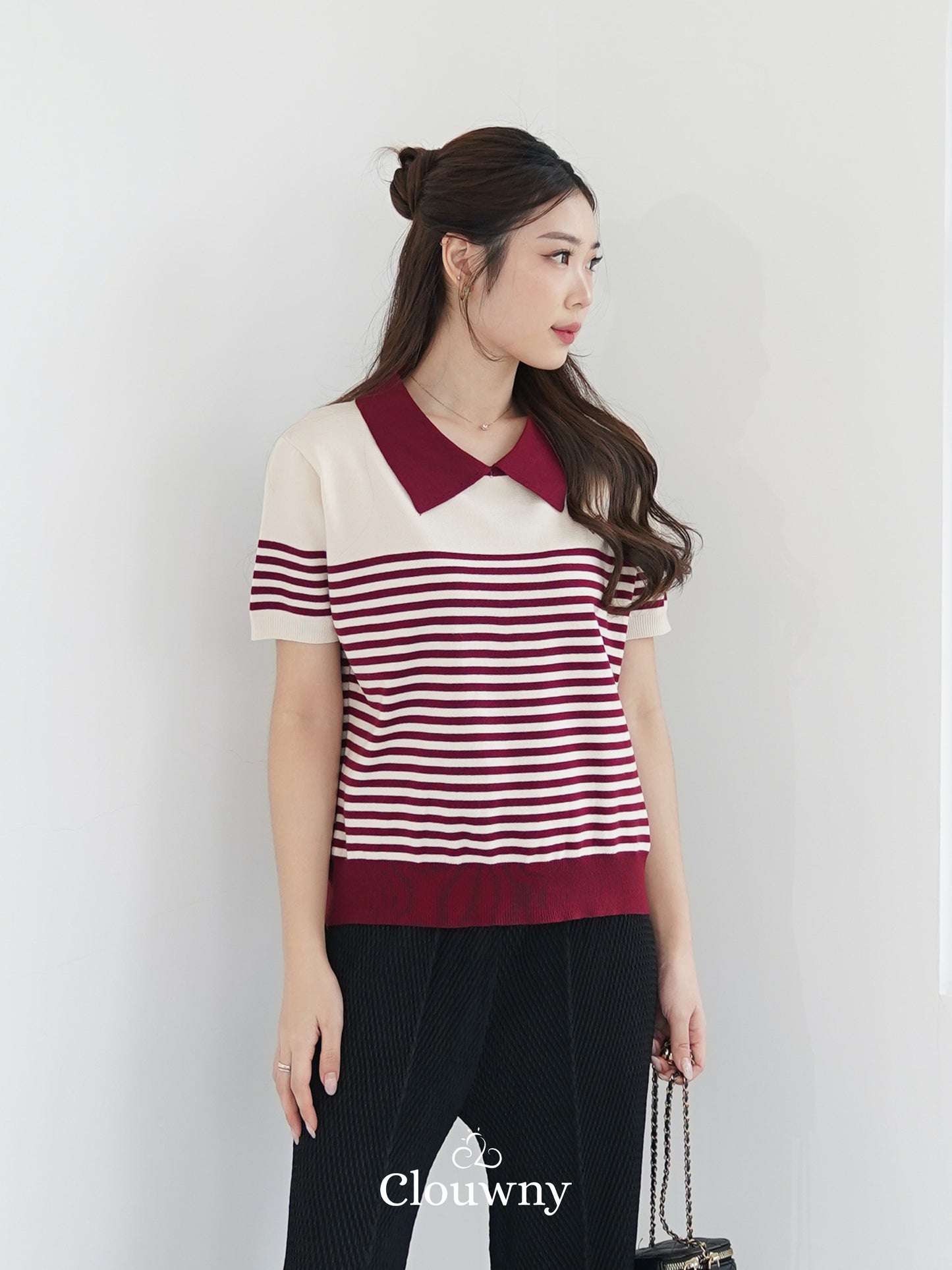 Erlan Collar Stripes Top - Maroon