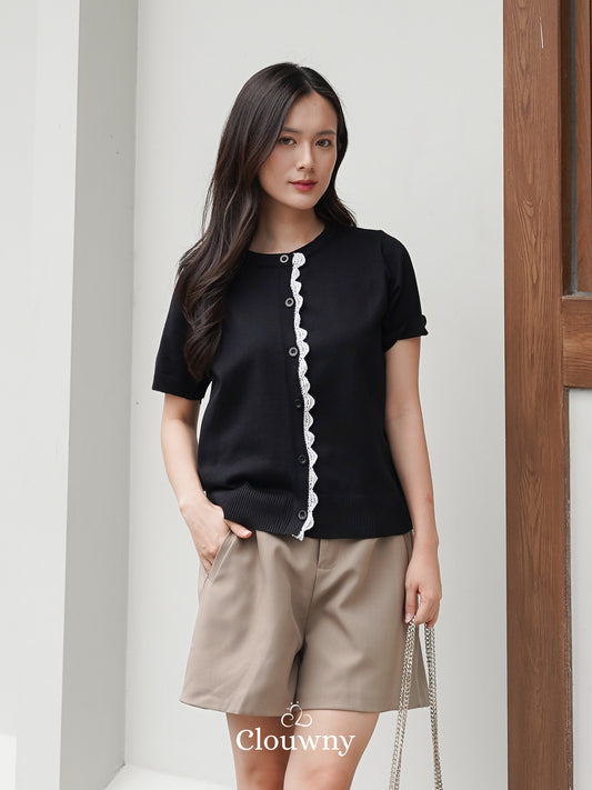 Izzy Button Lace Knit Top - Black