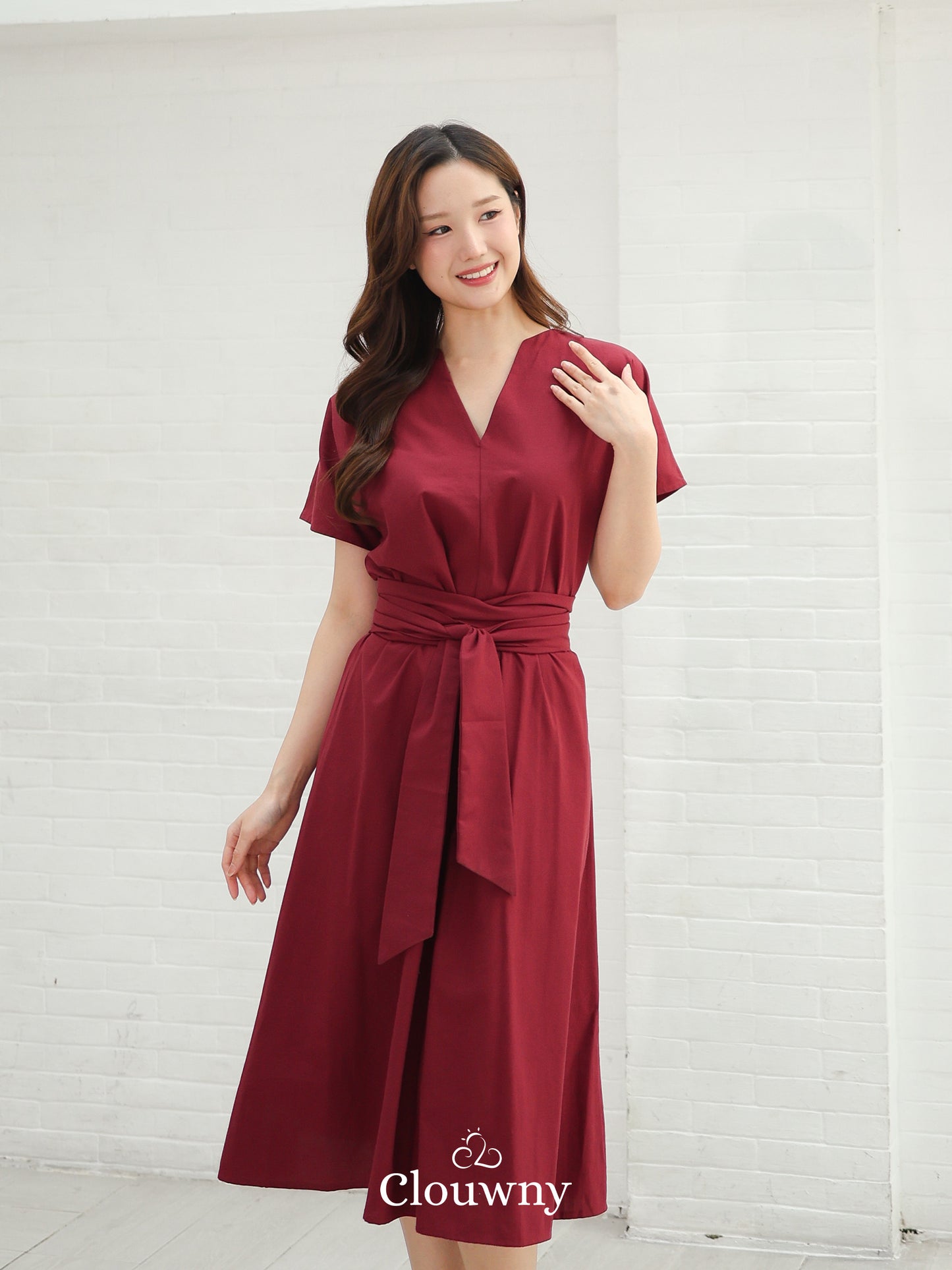 Cava Obi Kimono V-Dress - Maroon