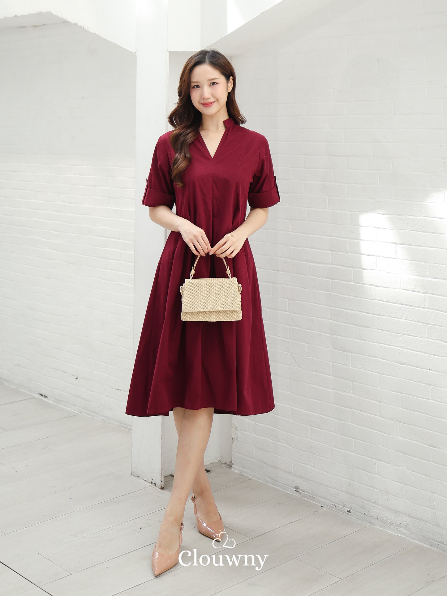 Mayi Loose Vneck Dress - Maroon