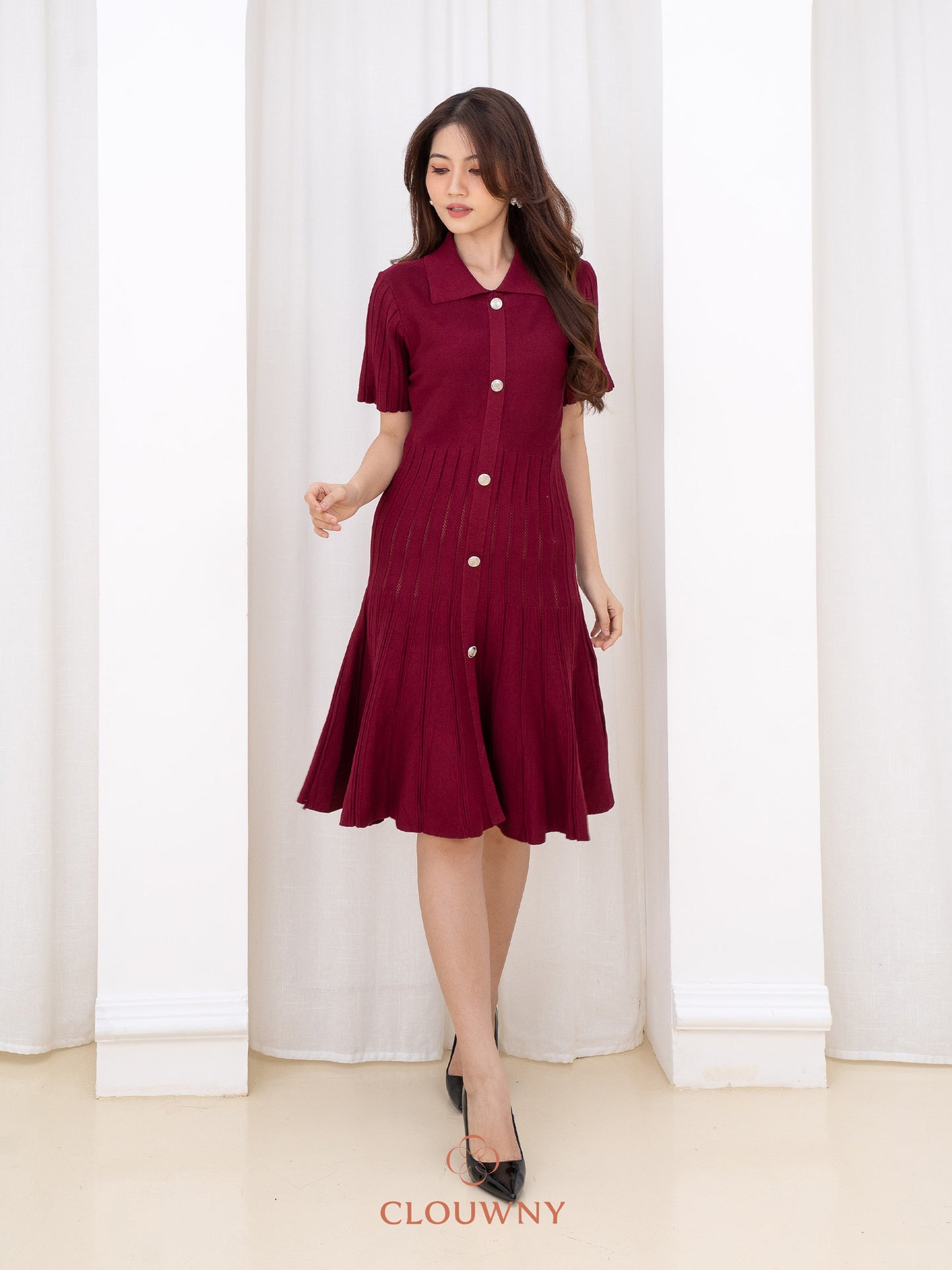 Deslin Button Dress - Maroon