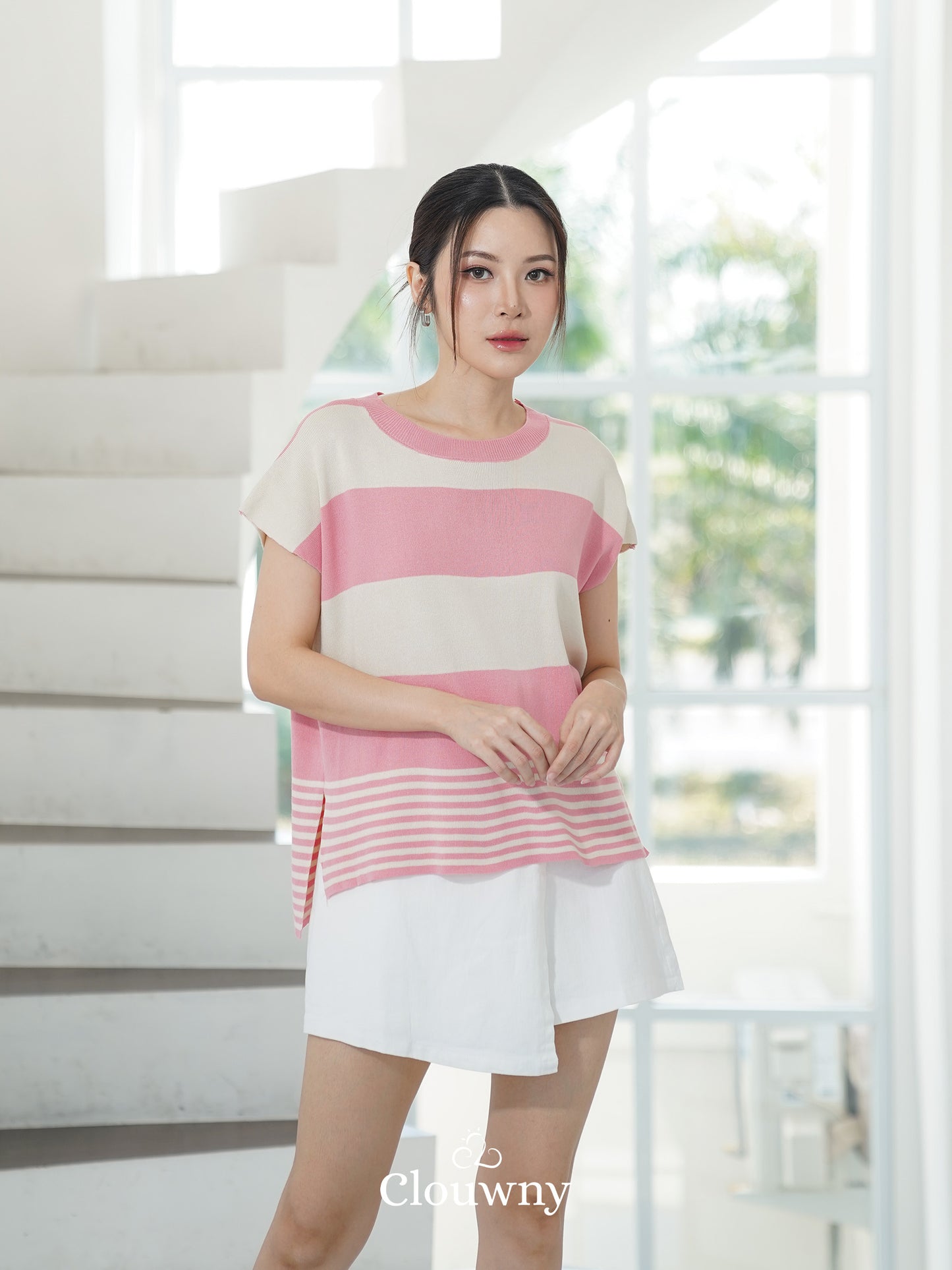 Atasan Rajutan Cortes Stripes - Merah Muda