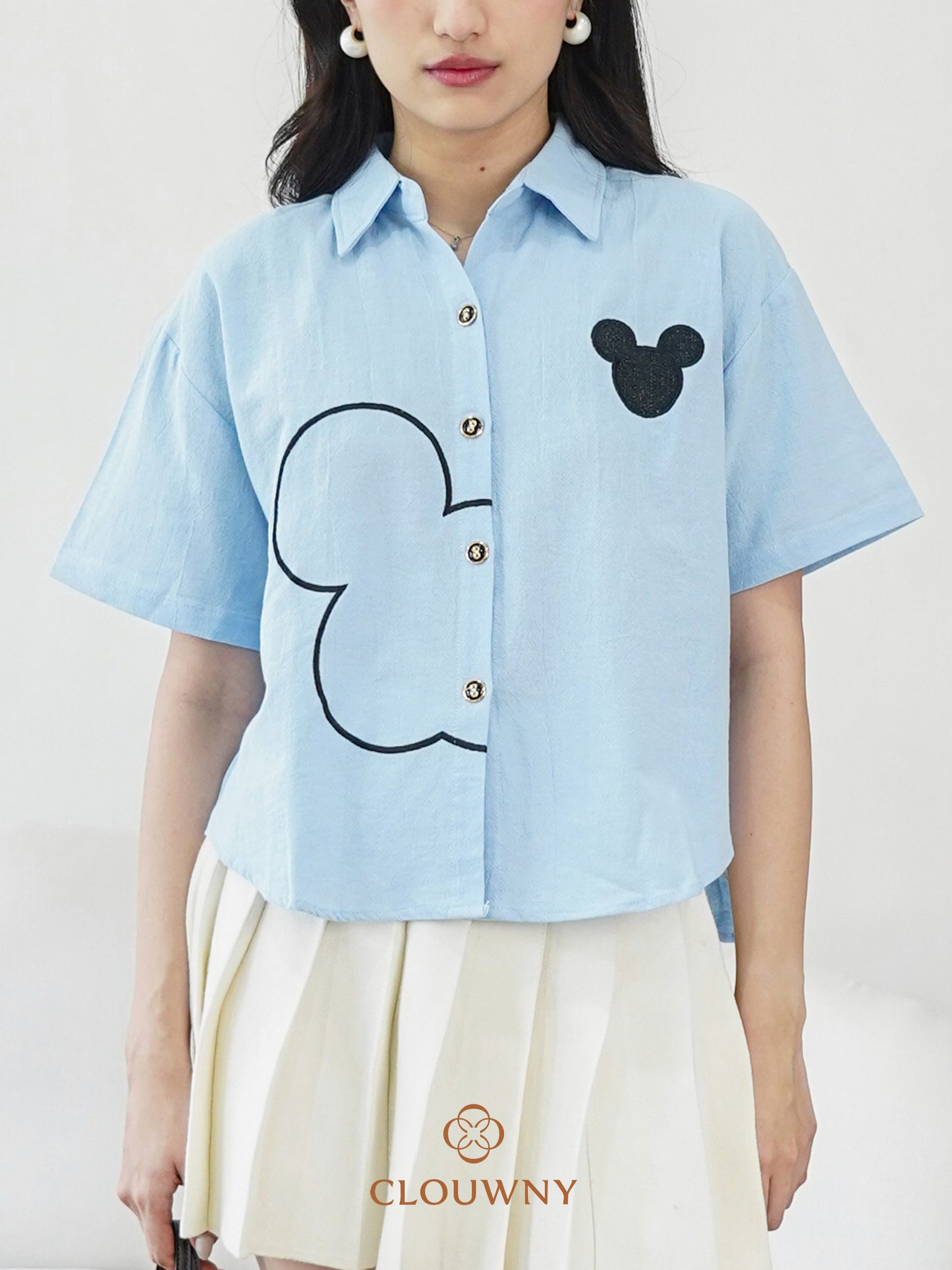 Mouse Button Cotton Shirt - Blue