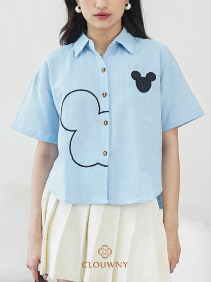 Mouse Button Cotton Shirt - Blue