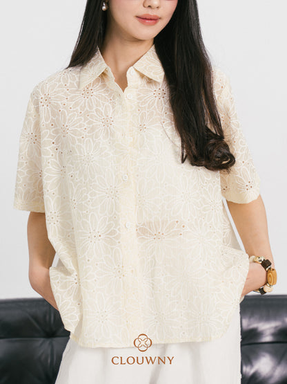 Kornelia Flower Embroidery Shirt - Yellow
