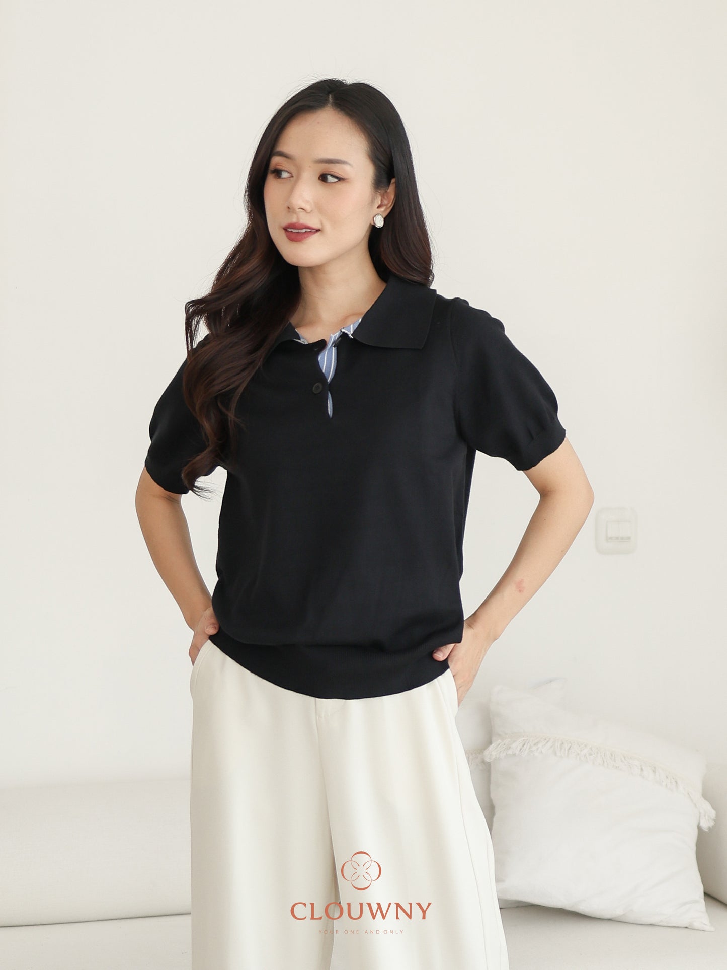 Hervia Double Button Knit Top - Black