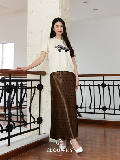 Polka Silk Flare Skirt - Coffee