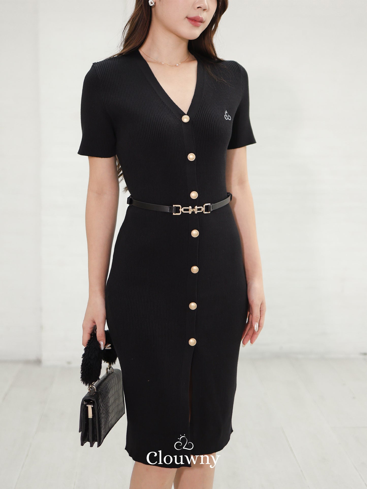 Jemina Button Knit Dress - Black