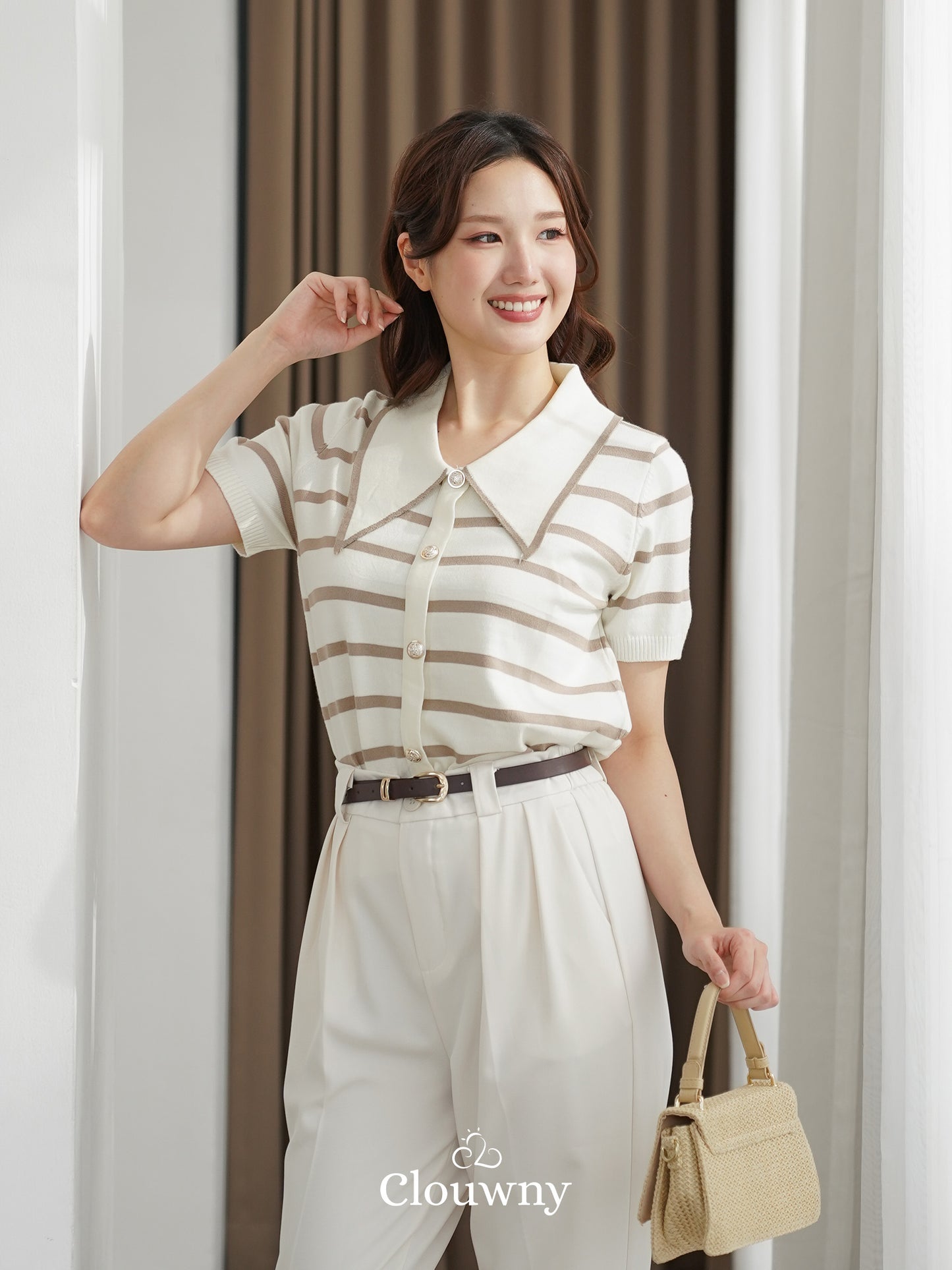 Prisca Collar Knit Top - Cream-Beige Stripes