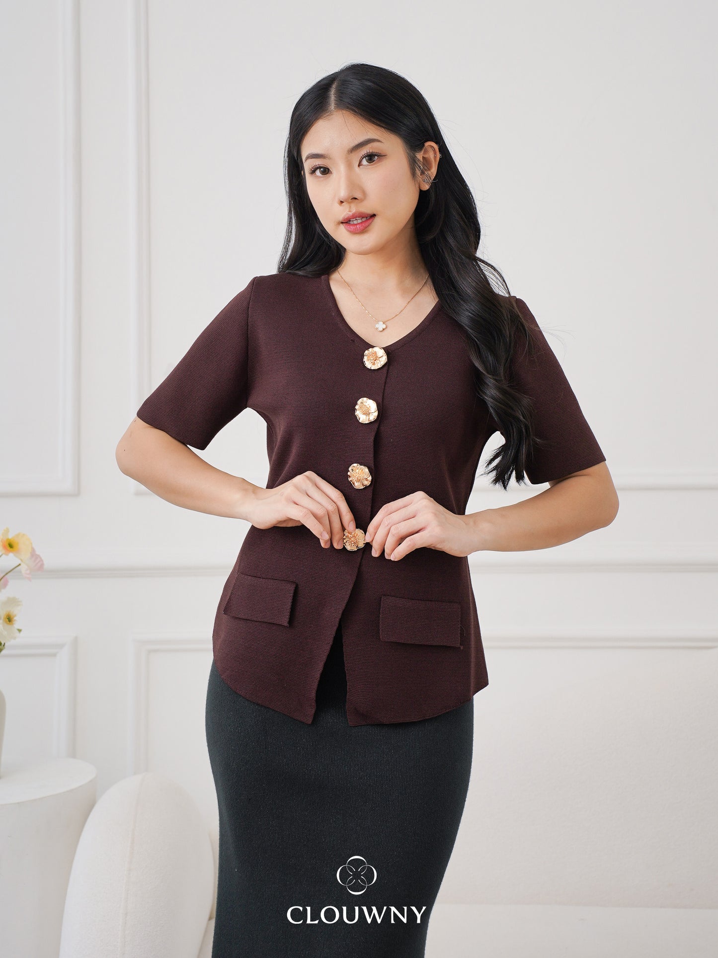 Valencia Peplum Button Top - Coffee