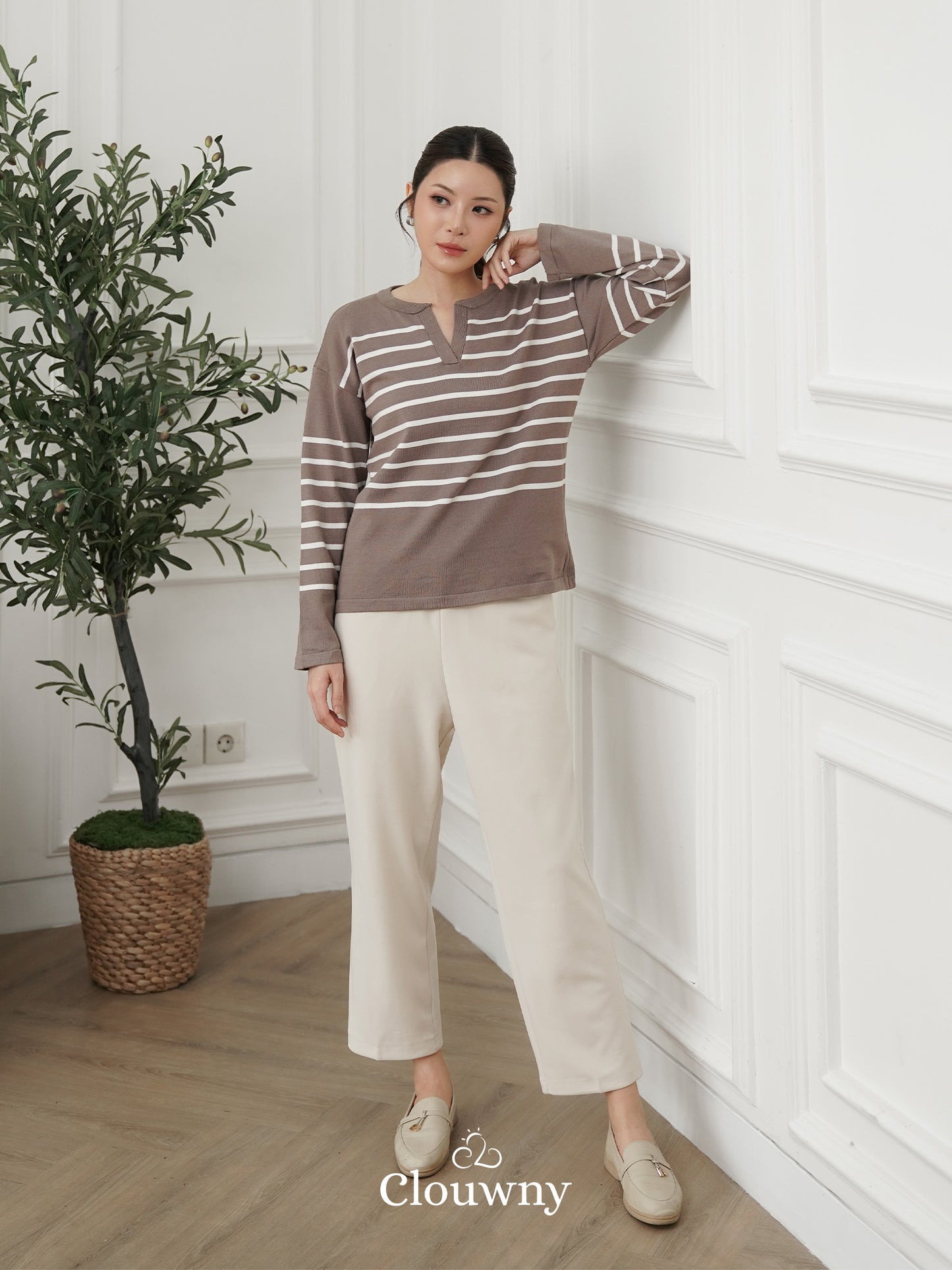 Amila Stripes Knit Top - Beige