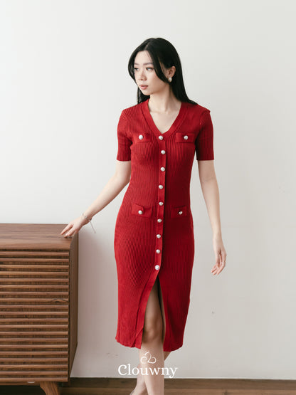 Edmond Button Dress - Maroon