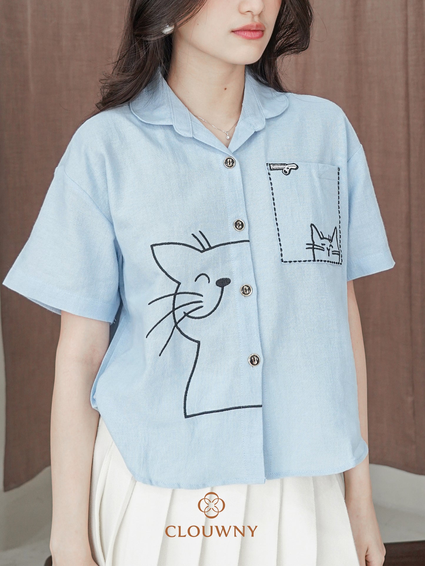 Catty Button Cotton Shirt - Blue