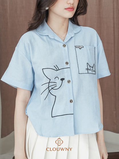 Catty Button Cotton Shirt - Blue
