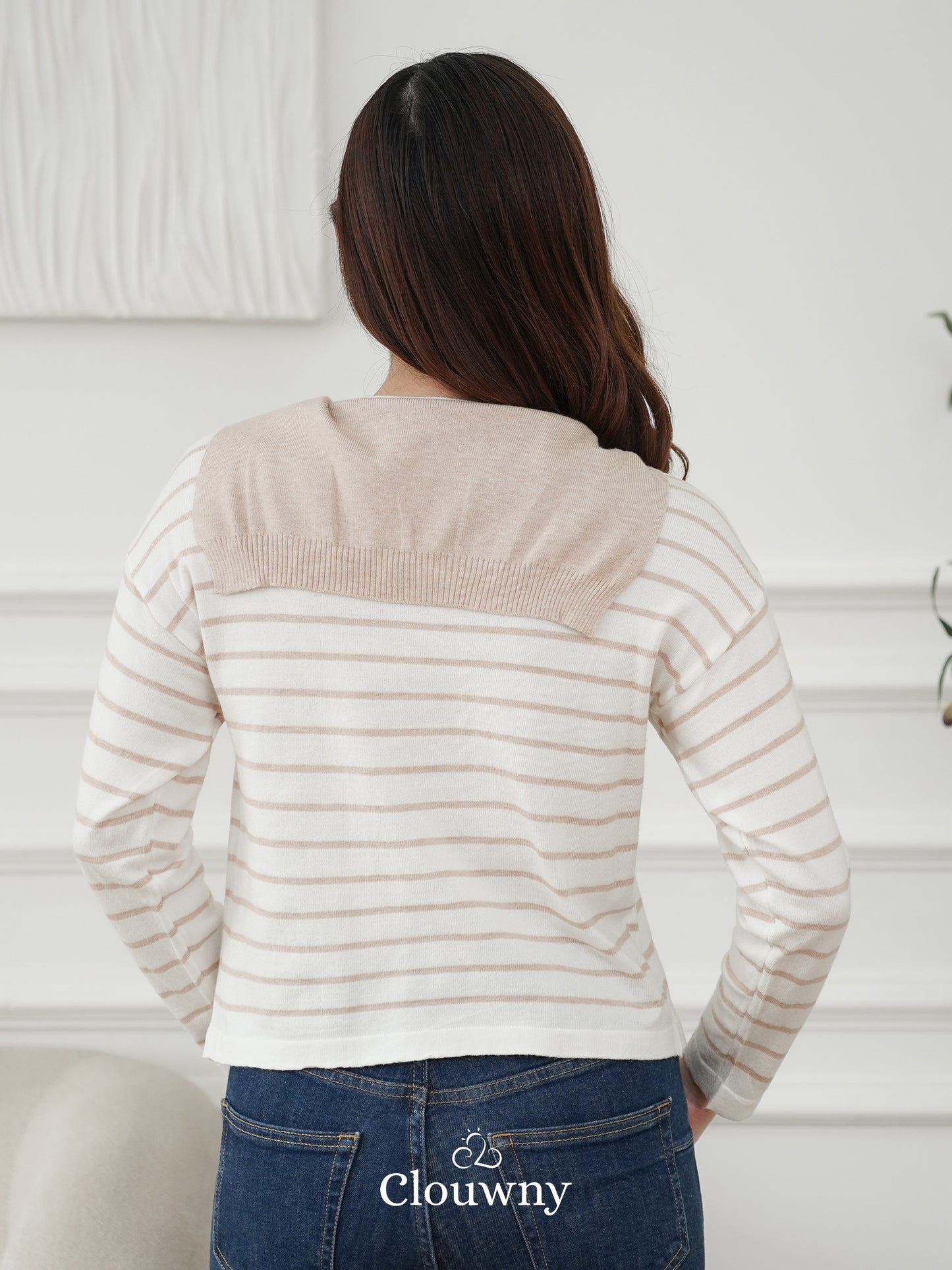 Genevi Scarf Stripes Top - Khaki