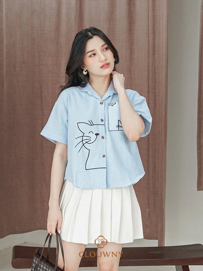 Catty Button Cotton Shirt - Blue
