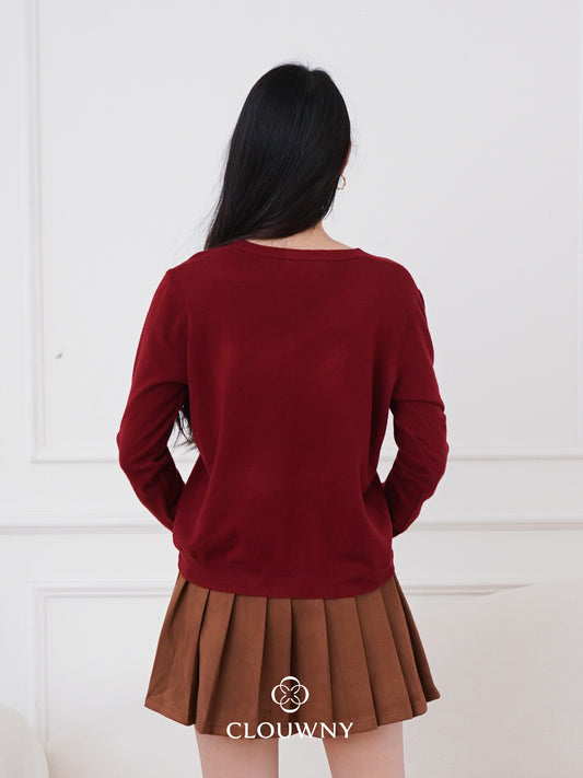 Mela Vneck Button Knit Cardigan - Maroon