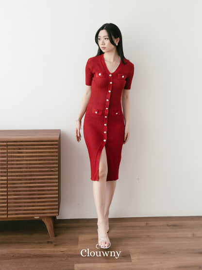 Edmond Button Dress - Maroon