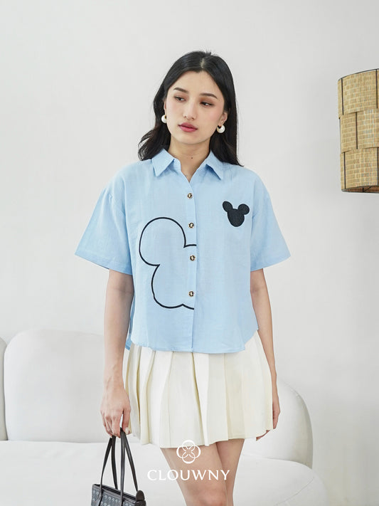 Mouse Button Cotton Shirt - Blue