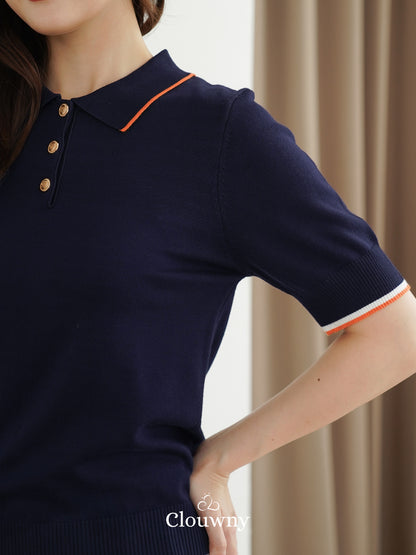 Domitia Polo Knit Top - Navy