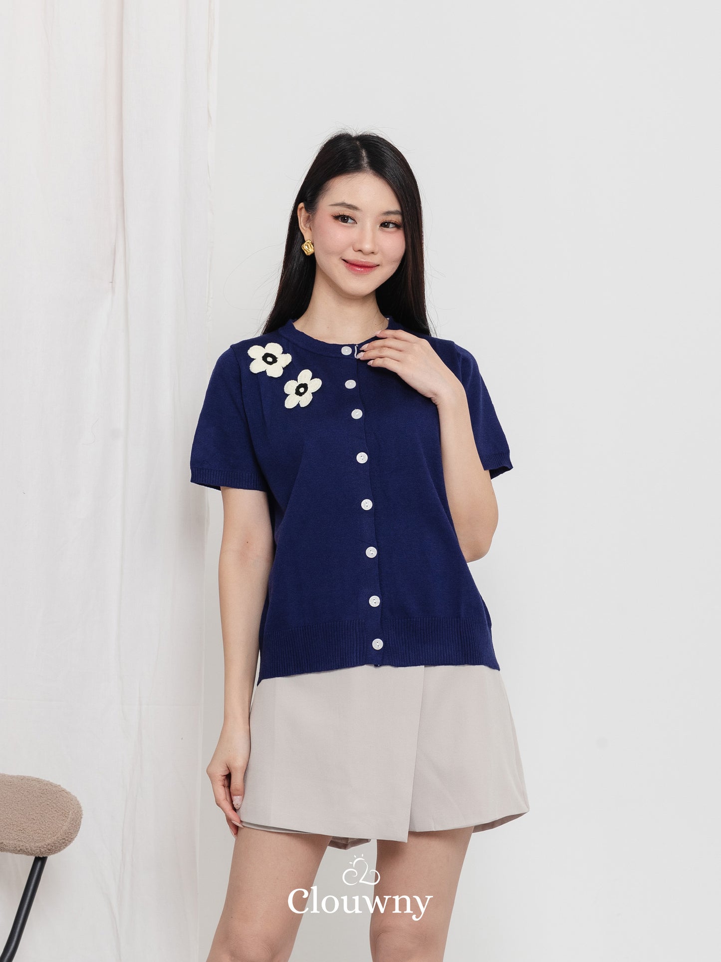 Alen Flower Knit Top - Navy