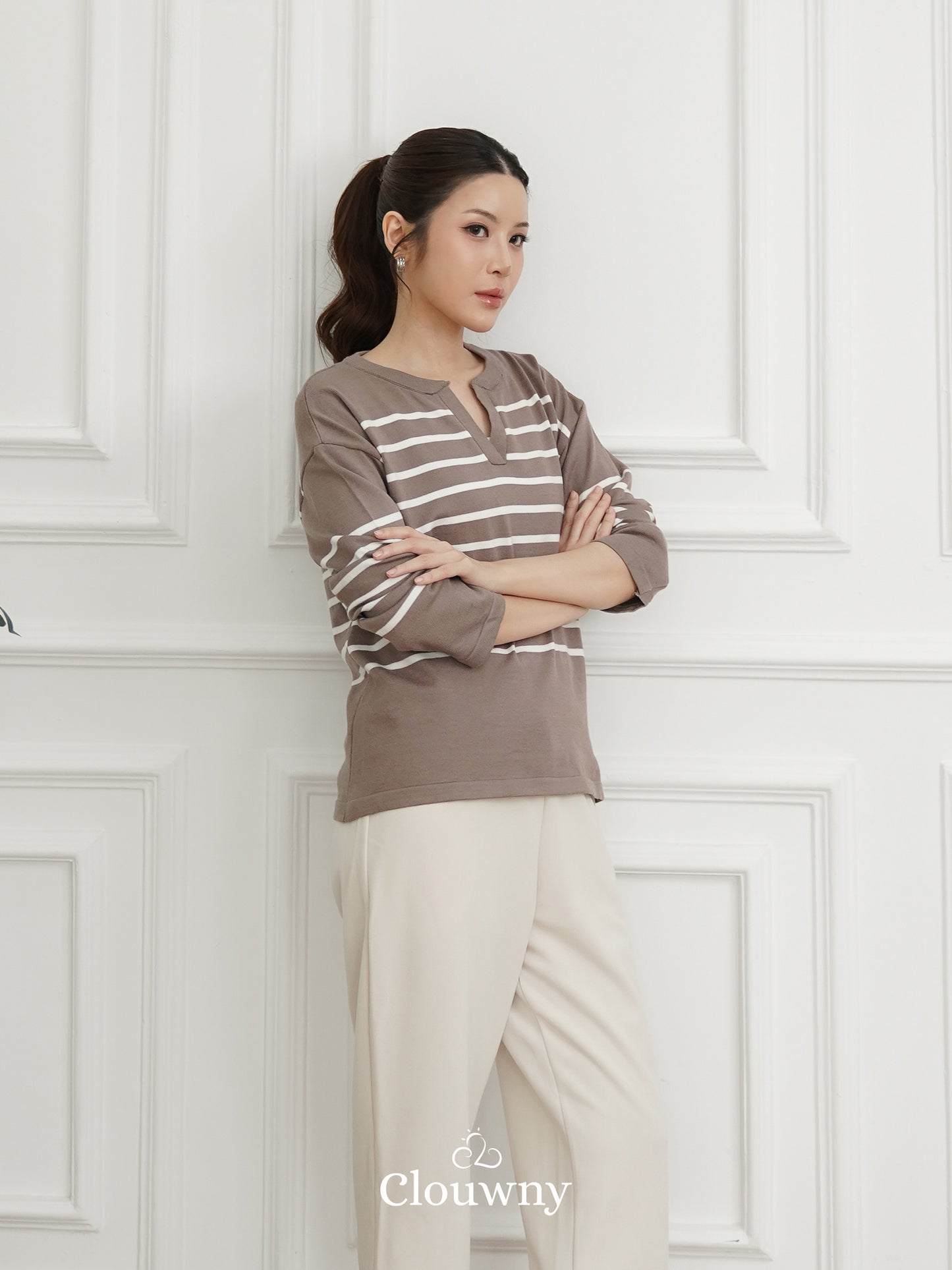 Amila Stripes Knit Top - Beige