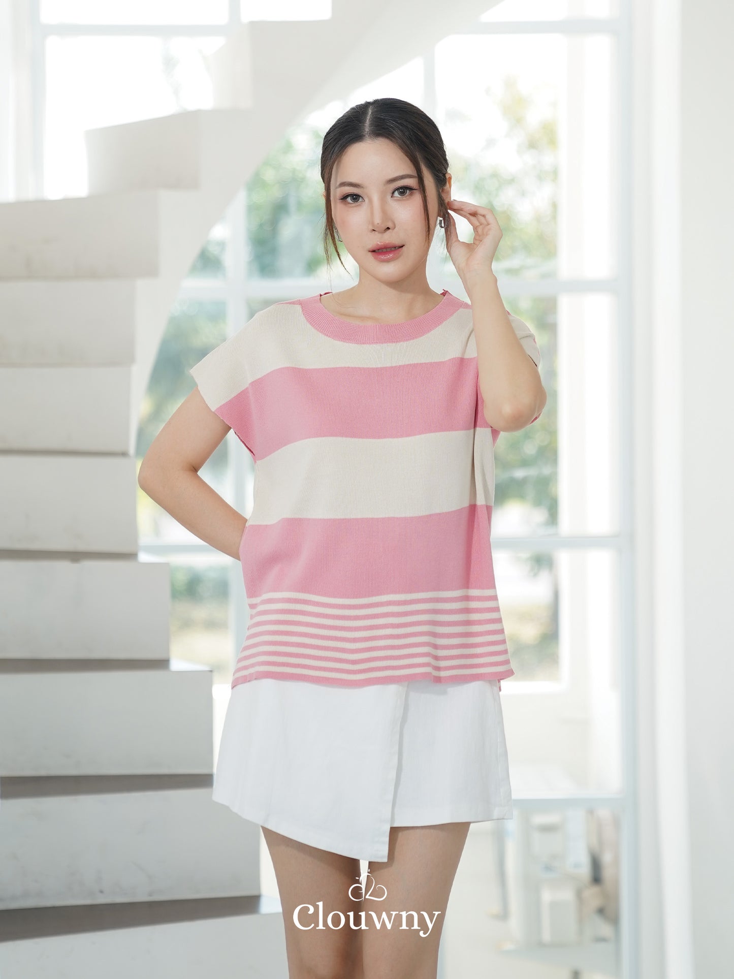 Atasan Rajutan Cortes Stripes - Merah Muda