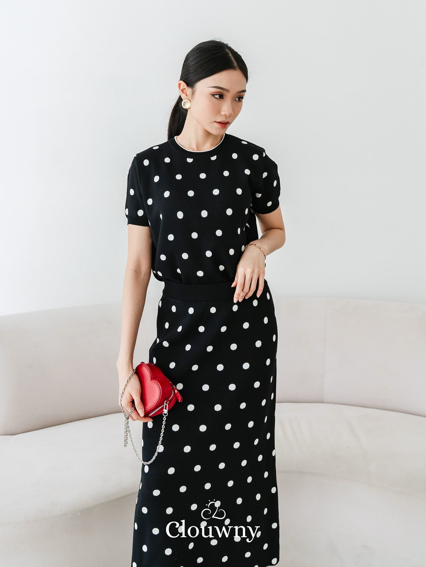 Moir Dot Knit Set - Black