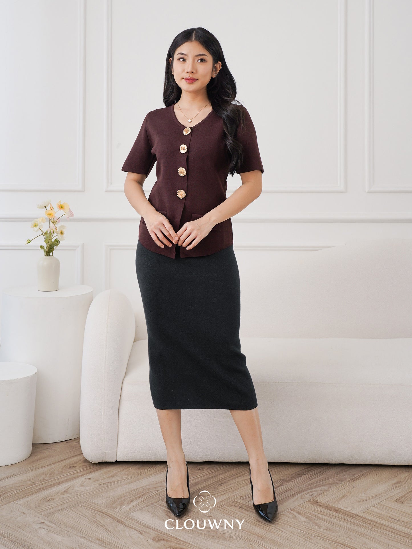 Valencia Peplum Button Top - Coffee
