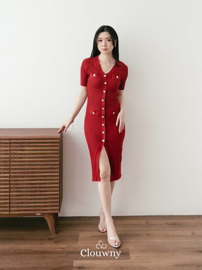 Edmond Button Dress - Maroon